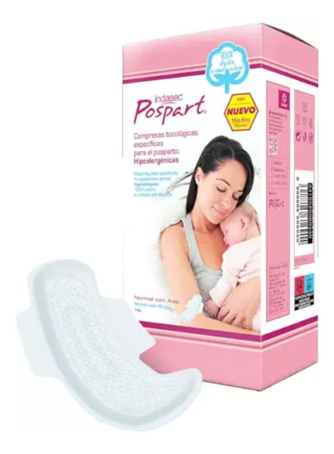 COMPRESA POSTPARTO INDASEC ALGODON CON ALAS 14 UDS