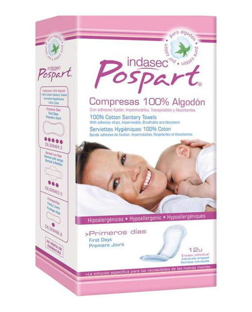 COMPRESA POSTPARTO INDASEC PRIMEROS DIAS ALGODON 12 UDS