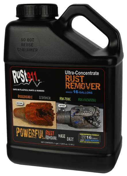 Powerful Rust911 Rust Remover: 1-gallon makes 16-gallons, 
non-toxic, non-hazardous and powerful