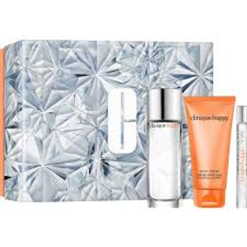 The Clinique Ladies Happy Gift Set is formulated to offer a happy, joyful experience. This gift set includes a 1.7 oz Eau de Parfum Spray, a 2.5 oz Body Cream that nourishes and perfumes your skin with happiness, and a 0.34 oz Perfume Spray, perfect for being happy on the go. 

Top: ruby red grapefruit, mandarin
Middle: magnolia, lily, morning-dew orchid
Bottom: honeysuckle, lily of the valley

3pc Clinique Happy Women's Fragrance Gift Set