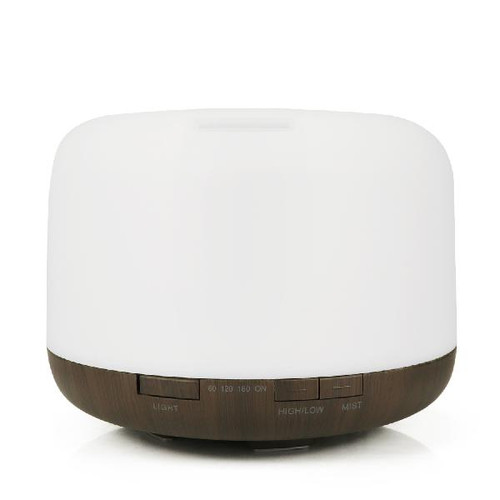 1 Unit of White Top Dark wood bottom Aroma Diffuser, 500 ml capacity, H 12.5cm, W 16cm, 60 minutes, 120 minutes, and 180 miniute run options, auto shut off when water runs out, LED 7 colors automatically