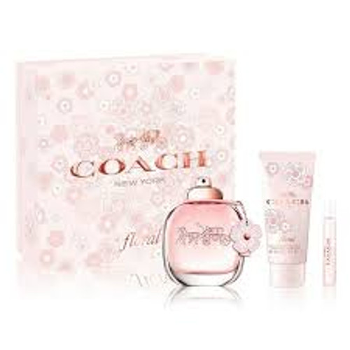 The feminine scent opens with a splash of Citrus Coeur and a touch of effervescent Pink Peppercorn with radiant Pineapple Sorbet. The heart reveals a bouquet of fragrant flowers—Rose Tea, Jasmine Sambac and Gardenia—before an enveloping dry-down to elegant Creamy Wood, Patchouli Essence and Musky notes. This Coach Floral gift set includes a Coach Floral 3oz Eau de Parfum Spray, .25oz Travel Spray Eau de Parfum, and a 3.3oz Perfumed Body Lotion.