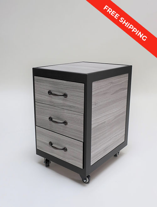 Elora Pedicure Supply Cart | 3 Drawers | Gray Oak with Bronze Frame