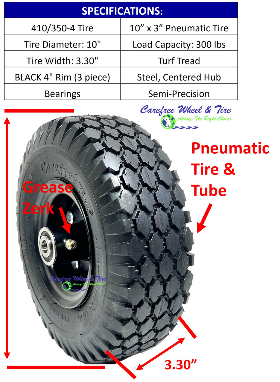 410/350-4 (10 x 3) Pneumatic Diamond Tread Tire & Tube Assembly With  BLACK RIM