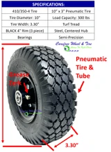 11x4.00-4 Pneumatic Rim & Tire Assembly With Hub and Bore Size Options