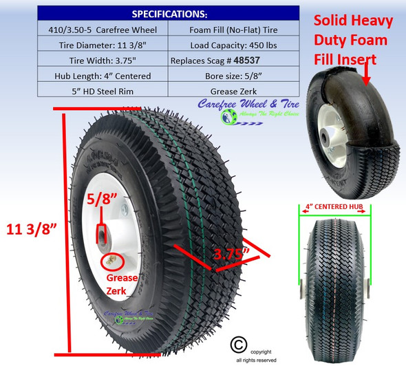 4.10/3.50-5 (11 3/8" x 3 3/4") Carefree Foam Fill Assembly. Fits Scag