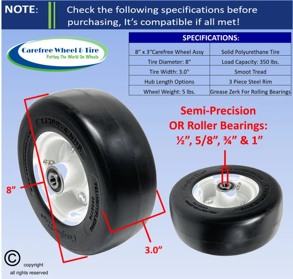 8/3.00-4 (8" x 3") Wheel Assy, 3.50″ Centered Hub. Choose Bore Size