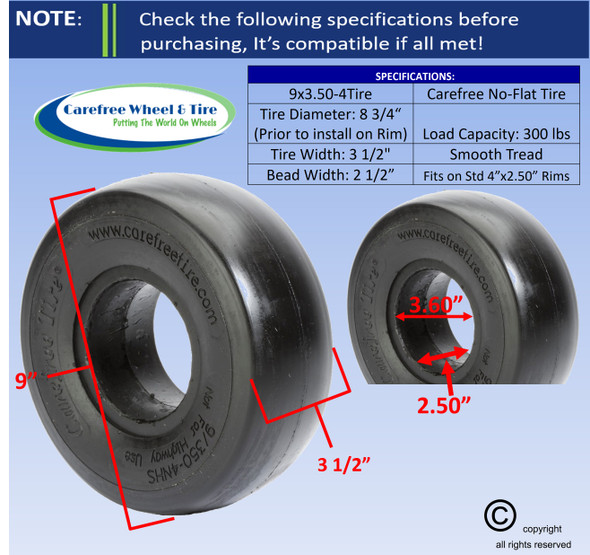 9/3.50-4 (9x3.5) Carefree (No-Flat) Smooth Tread, 2.50" Bead Width