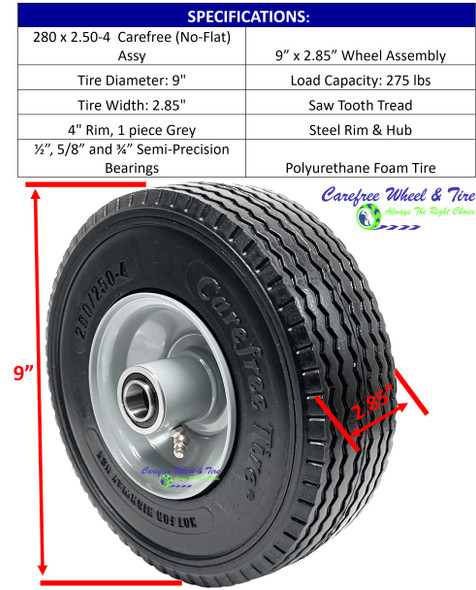 280/250-4  (9" x 2.8") WIDE Wheel Assembly With Carefree (No-Flat) Tire