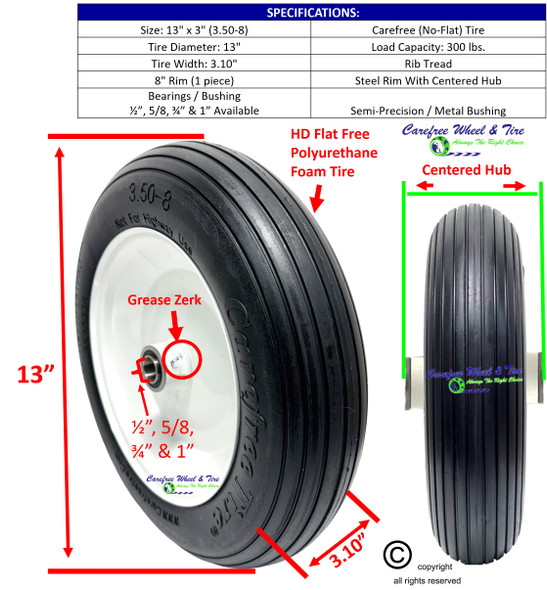 13" x 3" (3.50-8) Rib Tread Wheelbarrow Wheel Assembly