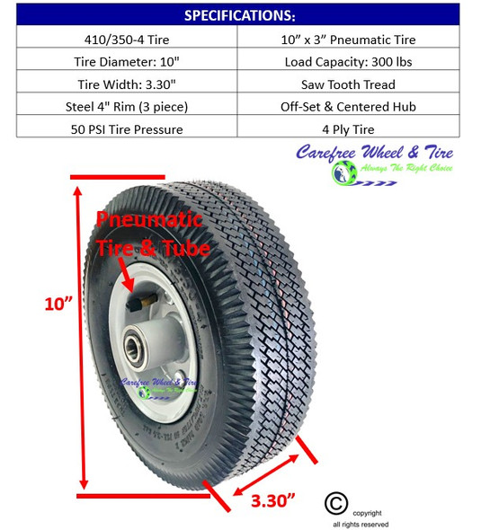 410/350-4 (10" x 3") Pneumatic Tire & Tube Assembly With Hub and Bore Options