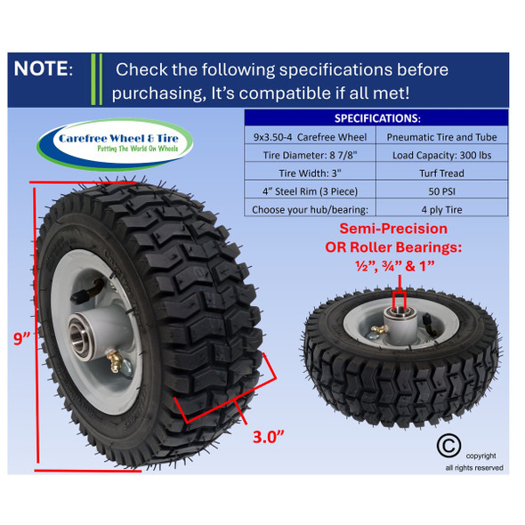 9x3.50-4 (9" x 3") Pneumatic Tire & Tube Assembly With Hub and Bore Options