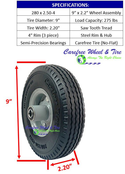 280/250-4 (9" x 2.25") NARROW  Wheel Assembly With Carefree (No-Flat) Tire