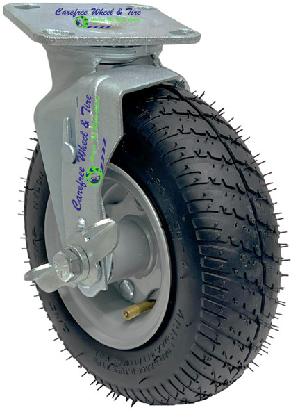 280/250-4 (8.5"x2") Caster Assembly, Swivel Plate, Brake and Pneumatic Tire-Aqua Tread