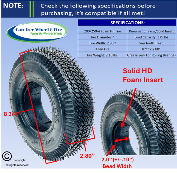 280/250-4 Foam Fill HD Tire. Saw Tooth Tread, Carefree Brand