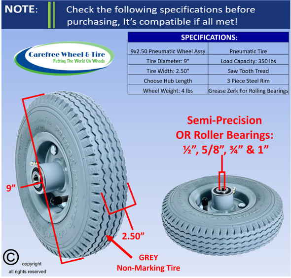 280/2.50-4 (9x2.50) Pneumatic Assembly With Grey Non-Marking Tire