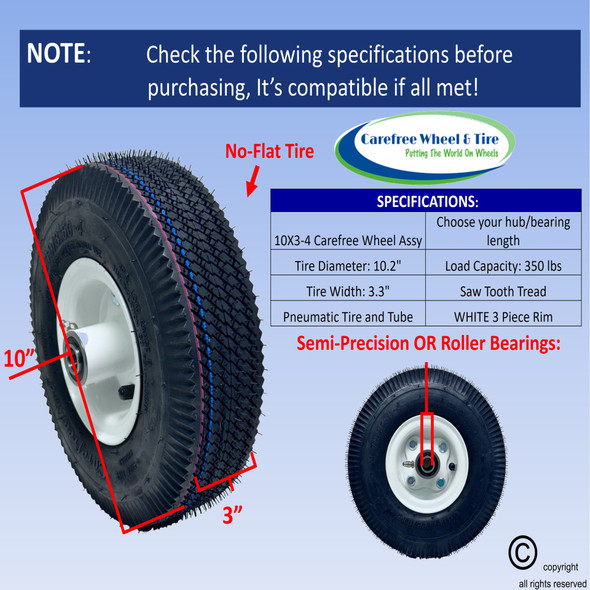 410/350-4 (10" x 3") Pneumatic Tire & Tube Assembly, White Rim & Roller Bearings (HD)