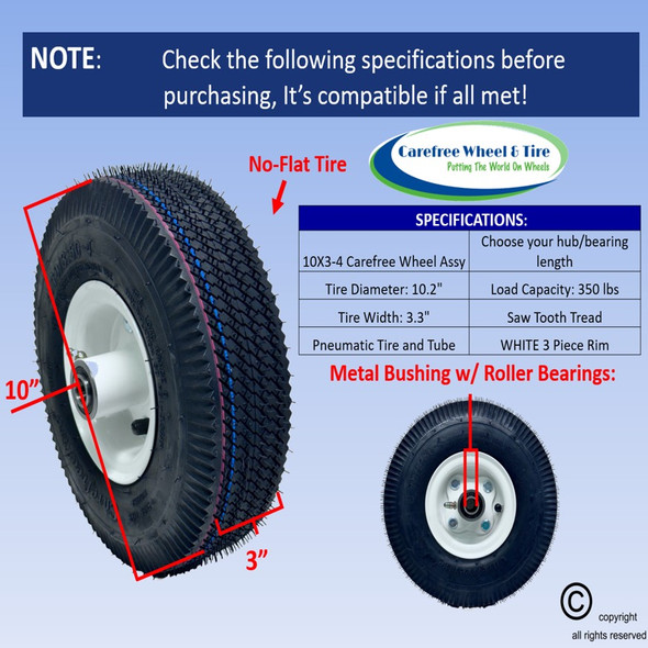 410/350-4 (10" x 3") Pneumatic Tire & Tube Assembly, White Rim & Semi-Precision Bearings
