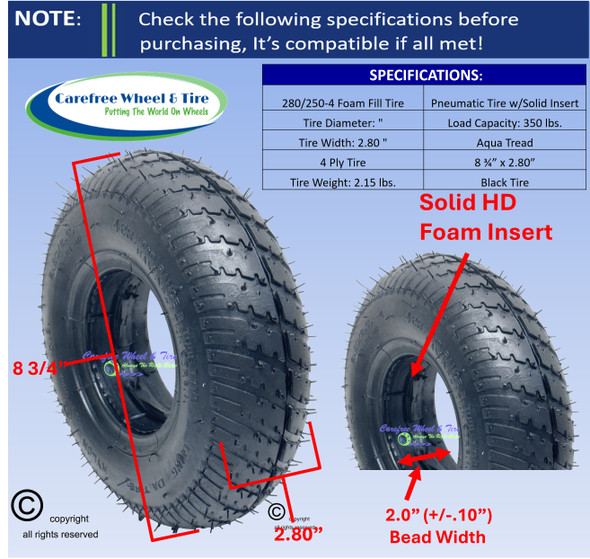 280/250-4 Foam Fill HD Tire. Aqua Tread. 2.0" Tire Bead Width