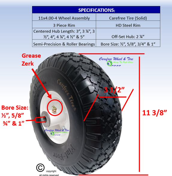 11x4.00-4 Carefree Wheel Assembly. Hub & Bore Size Options 11x4.00-4 Carefree Wheel Assembly. Hub & Bore Size Options