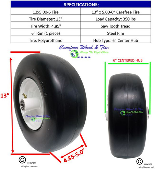 13 x 5.00-6 Carefree Smooth  Tread, Wheel Assy With 6" Center Hub