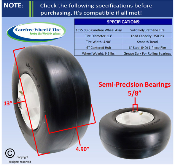 13 X 5.00-6 Carefree Assembly With 6" Center Hub & 5/8" Roller Bearings.  Fits Scag ZTR Mower