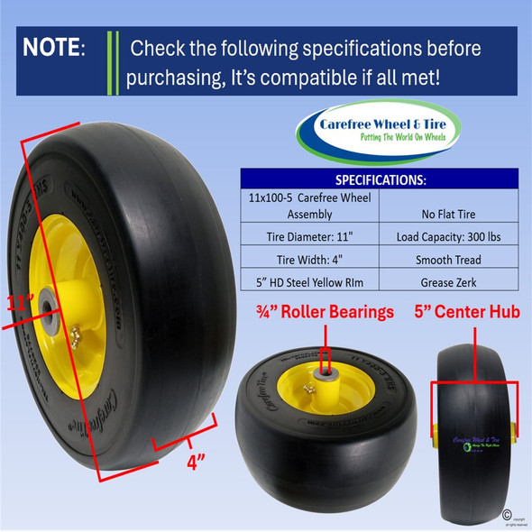 11x4.00-5 Carefree Wheel Assembly, Fits on John Deere TCA20363, TCA13832, and AM101589 and Others