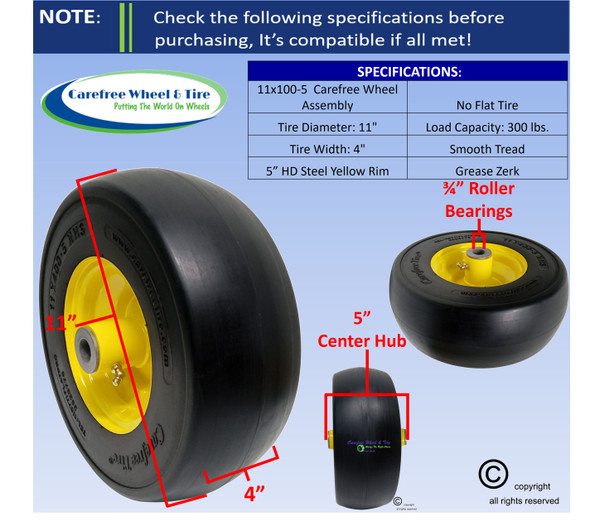 11x4.00-5 Carefree Wheel Assembly, Fits on John Deere TCA20363, TCA13832, and AM101589 and Others