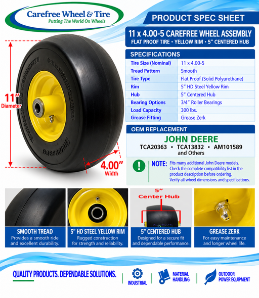 11x4.00-5 Carefree Wheel Assembly, Fits on John Deere TCA20363, TCA13832, and AM101589 and Others