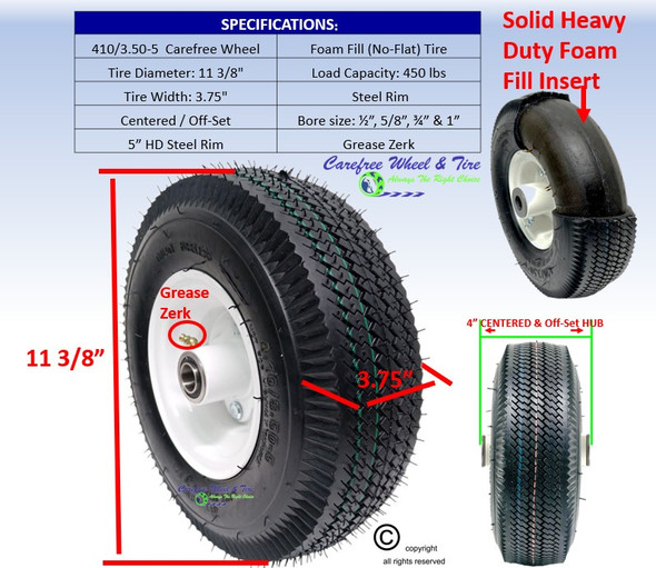 4.10/3.50-5 (11 3/8" x 3 3/4") Carefree Foam Fill Assembly. Choose Hub & Bore Size