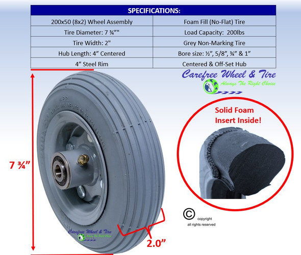 200x50  (8" x 2") FOAM FILL Wheel Assembly-Grey Color Tire