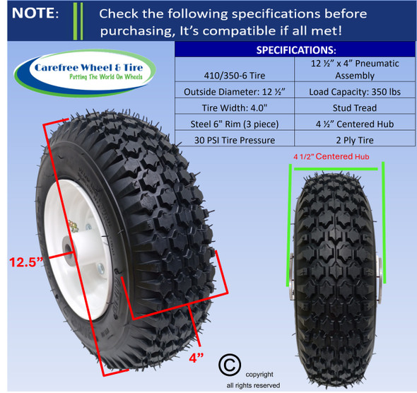 410/350-6 Pneumatic Wheel Assembly, 4 1/2" Center Hub and Bore Options