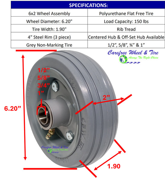 6x2 Wheel Assembly, Flat Free Non-Marking Grey Tire