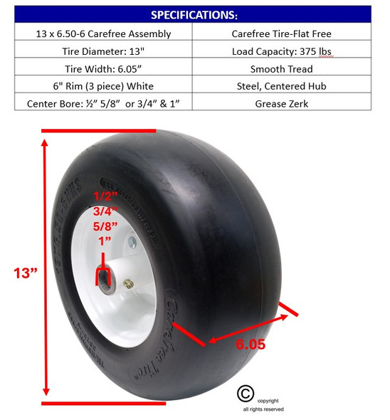 13x6.50-6 Carefree (No-Flat) Wheel & Tire Assy With Smooth Tread, 5 3/4" Center Hub