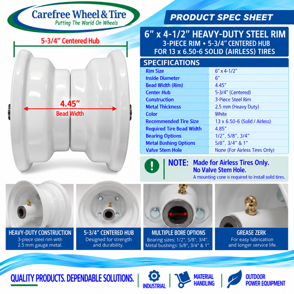 6″ x 4.50" Steel Rim, 3 Piece With 5 3/4" Center Hub. White Color