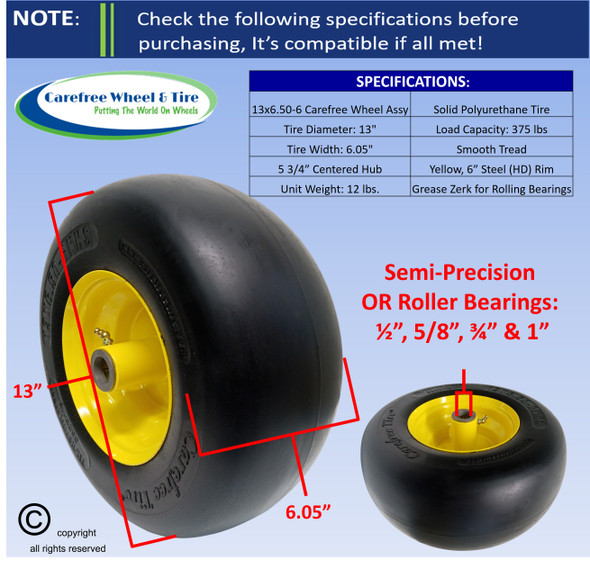 13x6.50-6 Carefree (No-Flat) Wheel & Tire Assy, Smooth Tread, 5 3/4" Center Hub. Yellow Rim