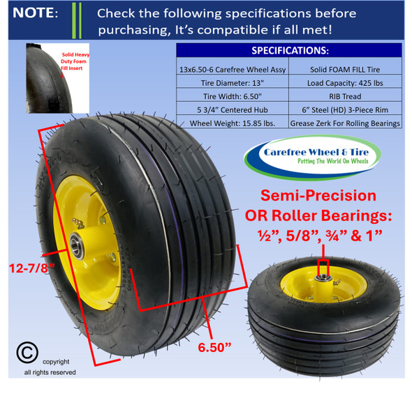 13x6.50-6 Carefree FOAM FILLED Wheel & Tire Assy, Rib Tread, 5 3/4" Center Hub. Yellow Rim