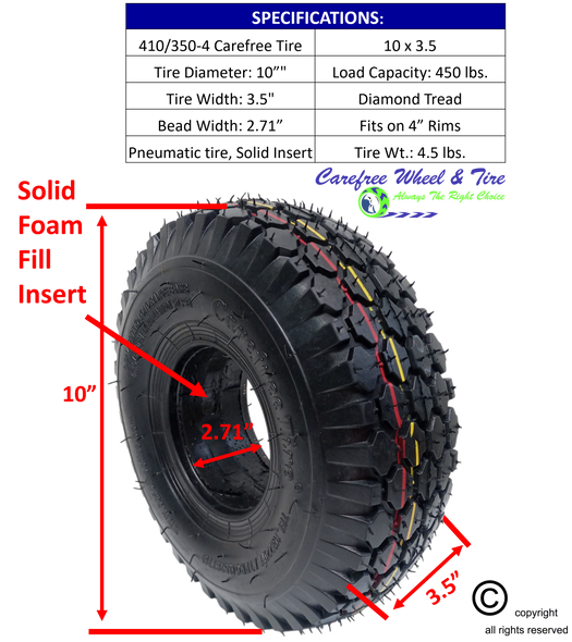 410/350-4 Carefree HD Foam Fill (Solid) Tire, Diamond Tread