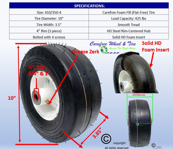 4.10/3.50-4 (10x3) HD Foam Fill Assembly, Sooth Tread, Center Hub and Choice of Bore Size