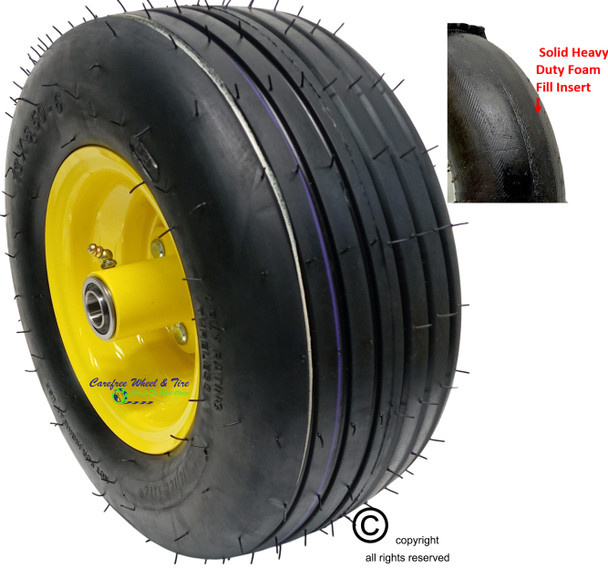 13x6.50-6 Carefree FOAM FILLED Wheel & Tire Assy, Rib Tread, 5 3/4" Center Hub. Yellow Rim