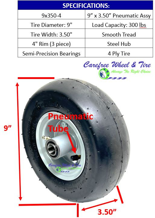 9x3.504 Pneumatic Wheel and Tire Assembly,Smooth Tread and Grey Color