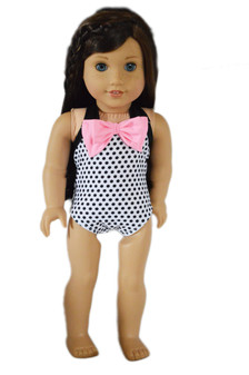  Black Dot Swimsuit for American Girl Dolls with Pink Top Bow- 18 Inch