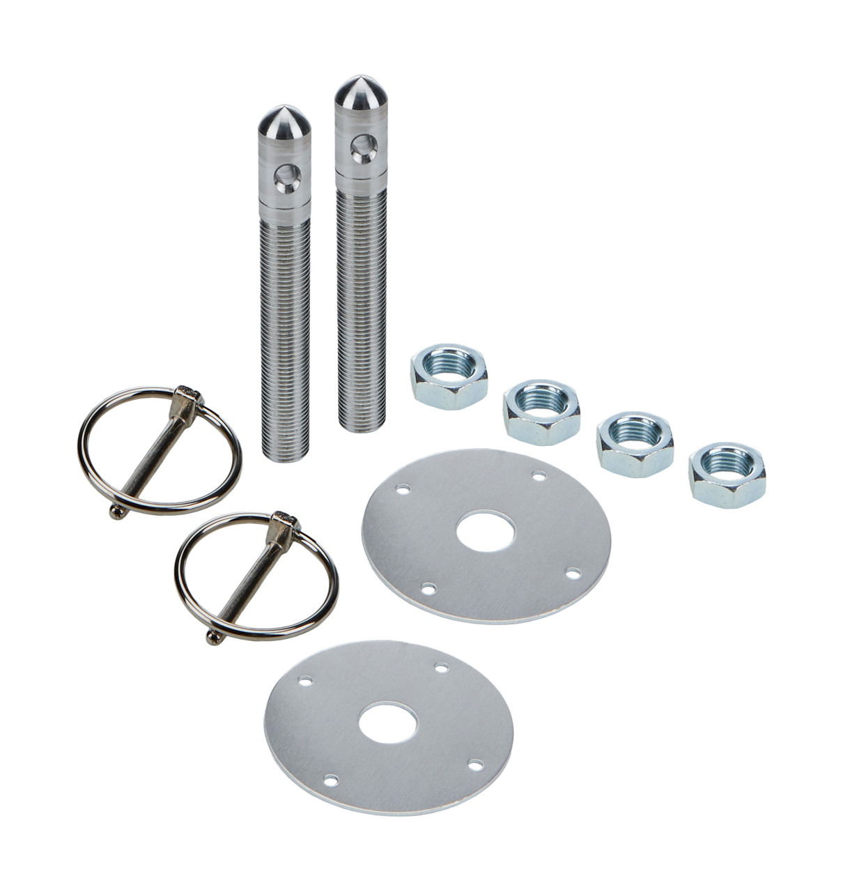 Hood Pin - 0.5 in OD x 4 in Long - 2.25 in OD Scuff Plates - 0.188 in Torsion Clips - Hardware Included - Aluminum - Clear Anodized - Kit