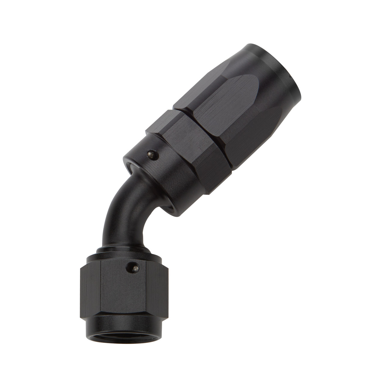 Fitting - Hose End - 45 Degree - 12 AN Hose to 12 AN Female Swivel - Aluminum - Black Anodized - Each