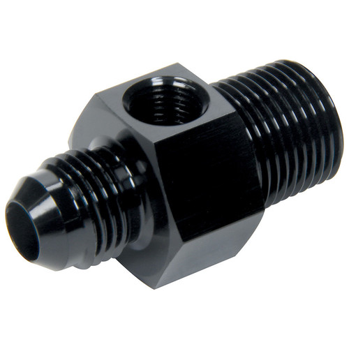 Fitting - Gauge Adapter - Straight - 6 AN Male to 3/8 in NPT Male - 1/8 in NPT Gauge Port - Aluminum - Black Anodized - Each