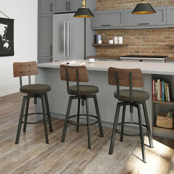 Amisco Symmetry Adjustable Stool with Brown Wood Backrest and Dark Grey Fabric Seat