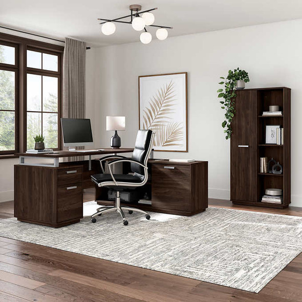 Bestar Panorama Computer Desk with Low Storage Credenza and Bookcase