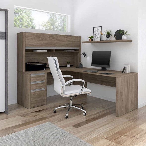 Bestar Stoneham L-Shaped Desk with Pedestal and Hutch