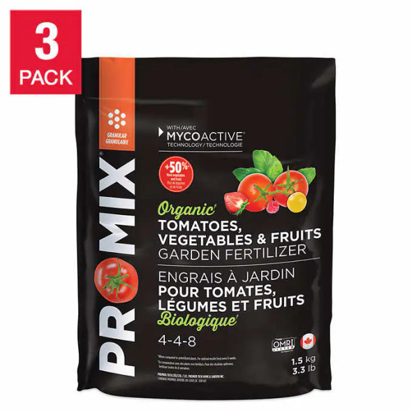 PRO-MIX Organic Tomatoes, Vegetables & Fruits Garden Fertilizer 4-4-8, 3-pack x 1.5kg