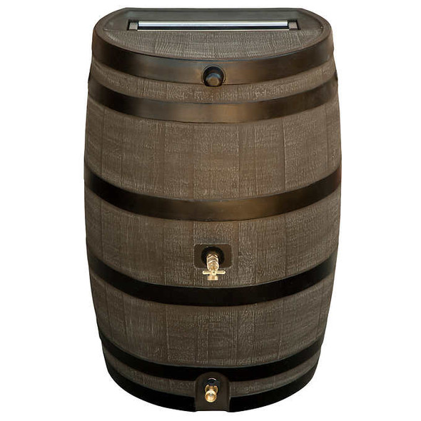 RTS Home Accents 50 Gallon Dual Brass Spigot Rain Barrel, Woodgrain with Black Stripes Color